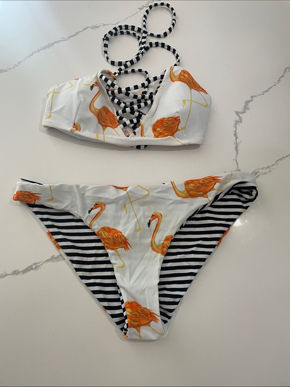 White Flamingo Print Bikini Set with Black Stripe Accents